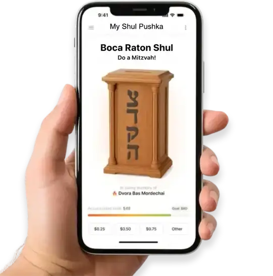 My Shul Pushka app open on a phone, showing a Shul's digital pushka